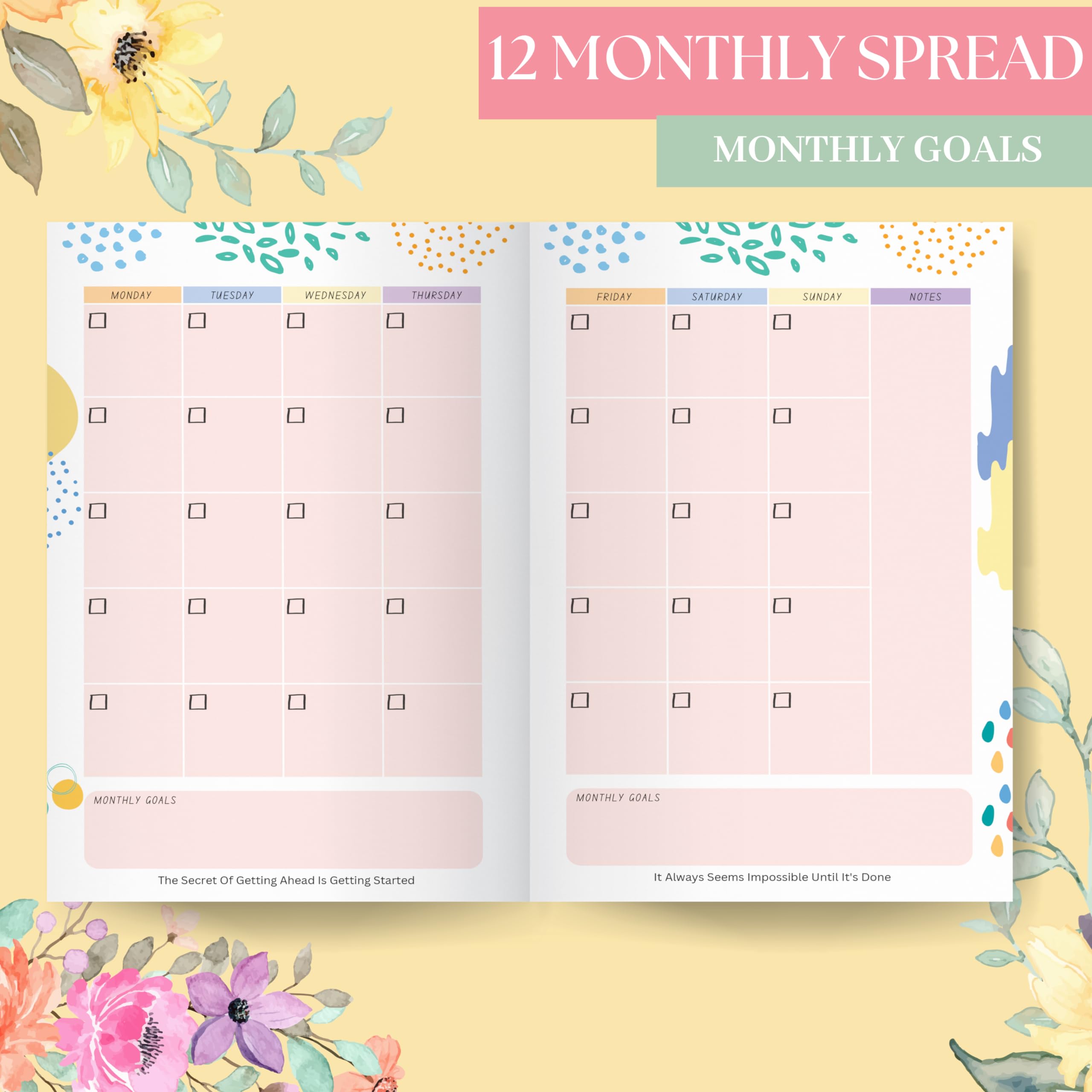 LAURET BLANC 12Months Undated Planner, 12 Monthly Spreads, 52 Weekly Spreads, Habit Tracker, Utility Pages, Paperback (B