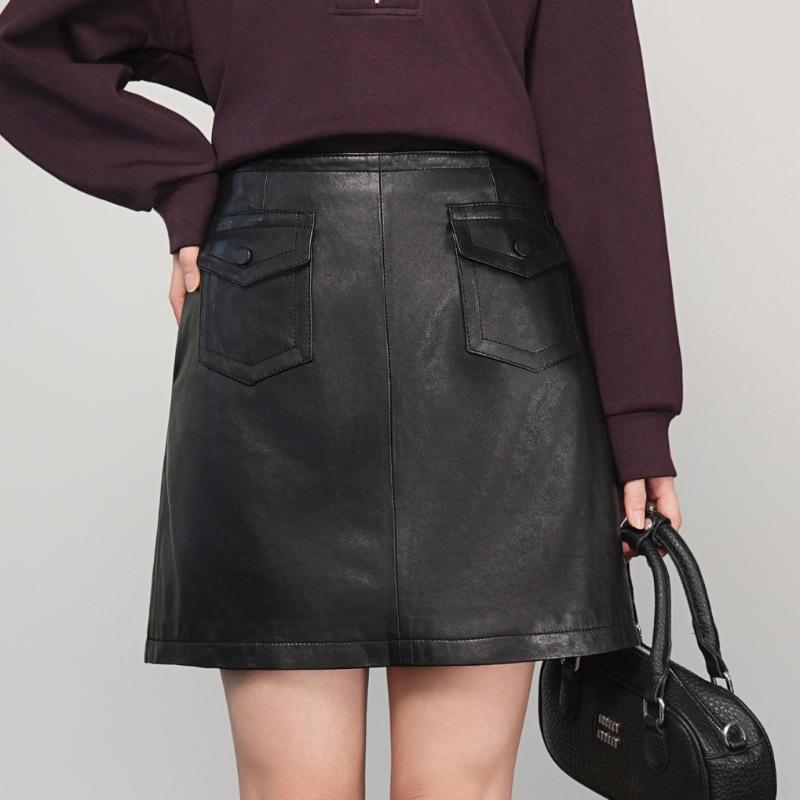 Petite Women s Sheepskin Leather A-Line Mini Skirt, High-Waisted for Autumn/Winter 2025 S чёрный