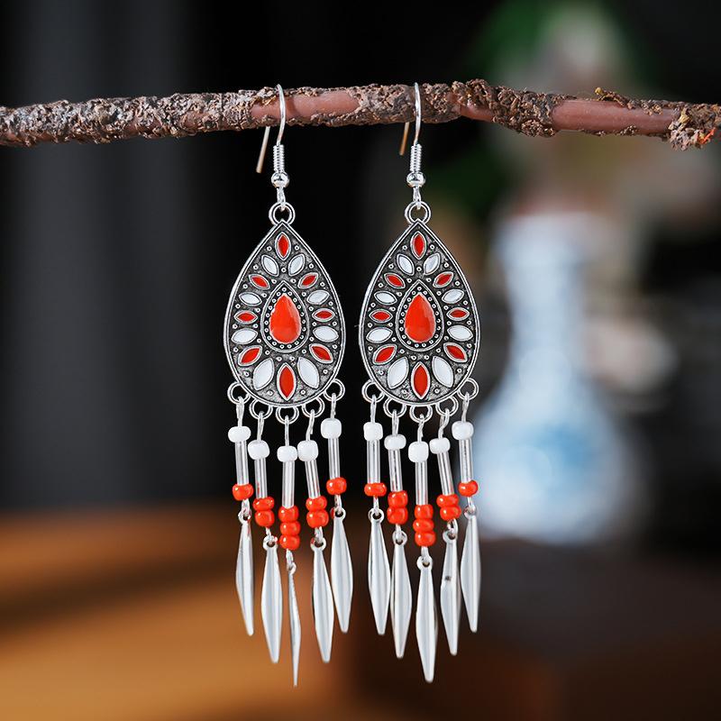 Fashion Vintage Bohemian Leaf Tassel Drop Dangle Earrings For Women Enamel Rhombus Geometric Beads Handmade Boho Earring Zircon