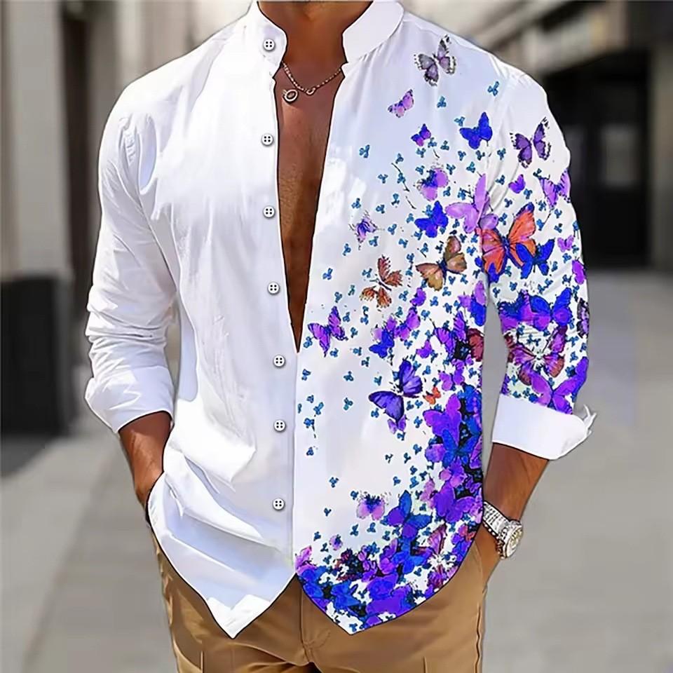 Herren Langarmhemd Polyester Umlegekragen Schmetterling Blumenprint