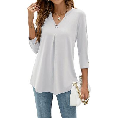 Women's Fashion Casual Spring Fall Solid Color Print Long Sleeve V-Neck Blouses & Shirts