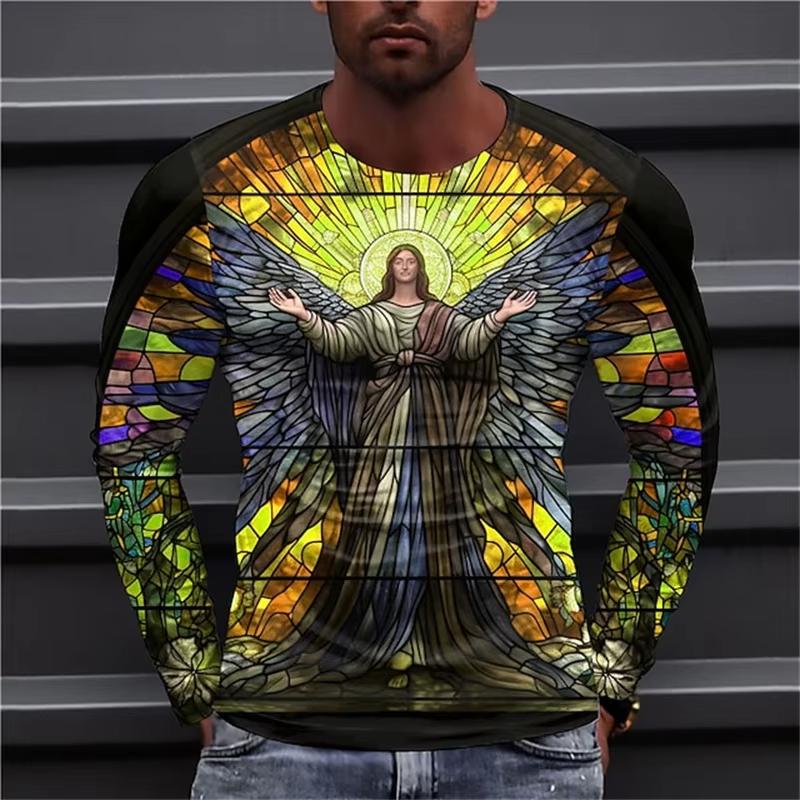 Spring and Autumn 3D Printing Virgin Mary Men's T-shirts Christian Round neck Long Sleeved Casual Tops