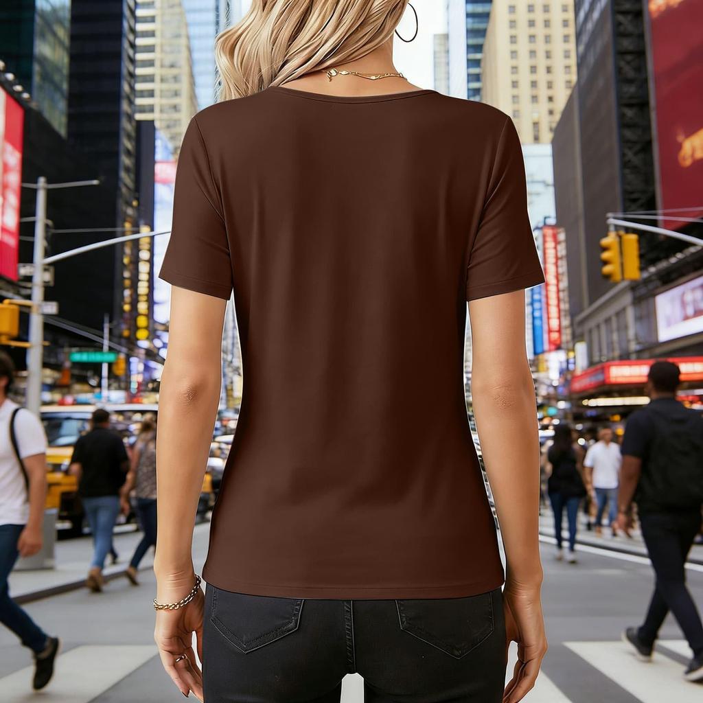 Women's Short Sleeve Tops V Neck Lace Trim Ribbed Fitted Tight Casual Basic Tee