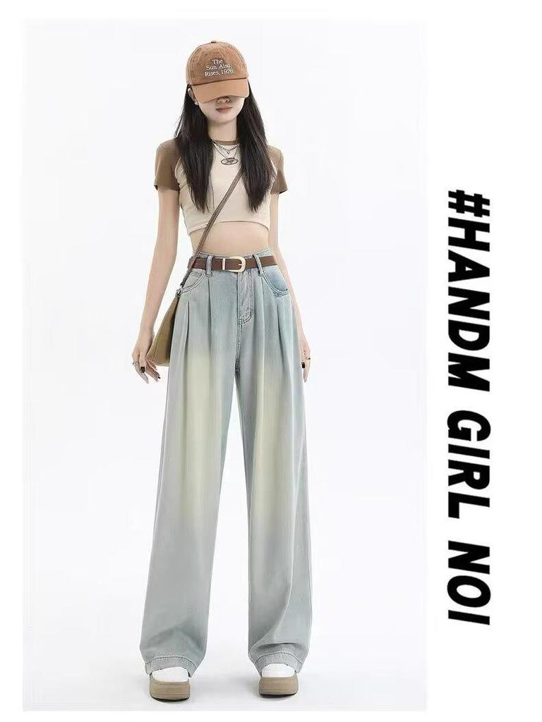 Women's Spring & Summer High-Waisted Light Blue Washed Wide-Leg Jeans - Slimming Pleated Floor-Length Design