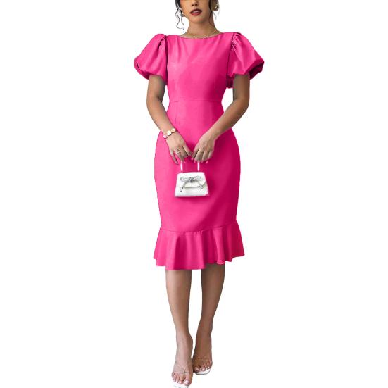 Women's Short Puff Sleeve Bodycon Dresses Crew Neck Ruffle Mermaid Hem Dress Cocktail Wedding