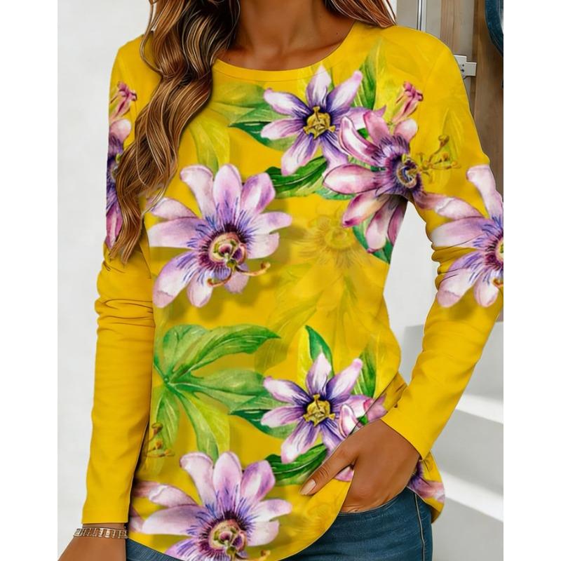 Spring Autumn Women's T-shirt O Neck Long Sleeved 3D Floral Print Fashion Loose Casual Retro Tops