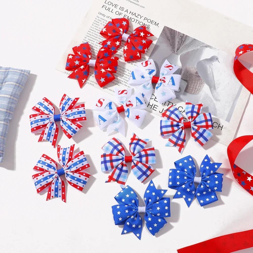 10pcs/set Independence Day Kids Bows Hair Clips for Baby Girls Print Star Ribbon Bowknot Hairpin Headwear Hair Accessories