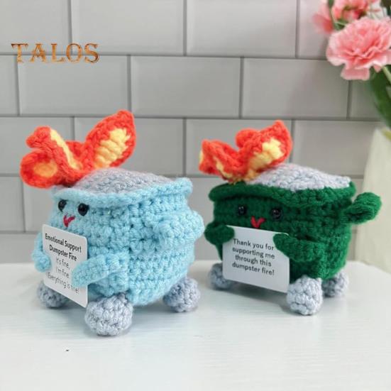 2Pcs Positive Crochet Flame Dumpster with Encouraging Card Emotional Support Handmade Knitting Trash Can Doll Decoration Ornament