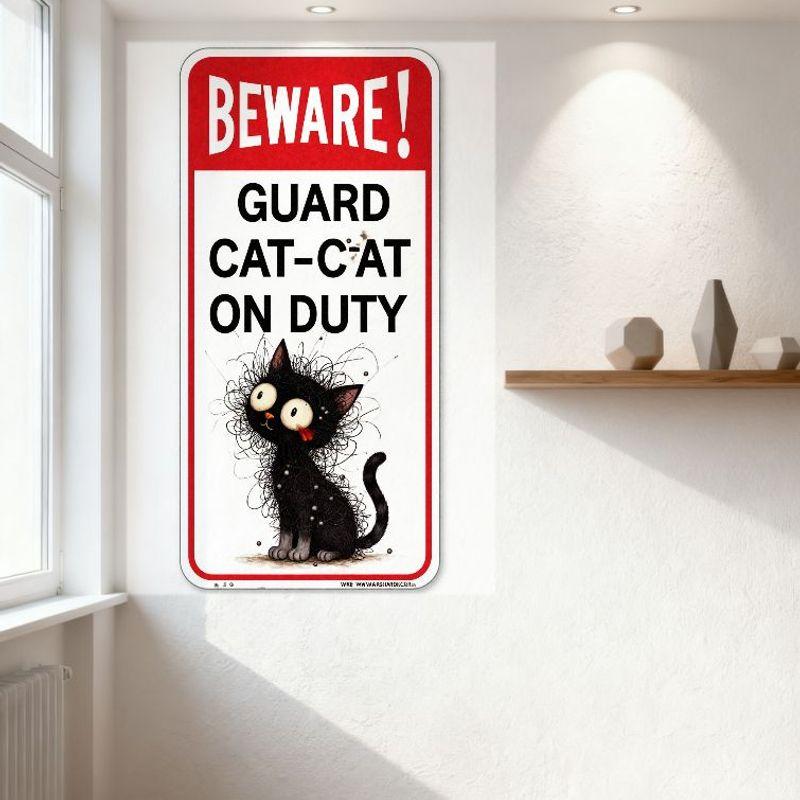 Beware Guard Cat-Cat On Duty Metal Tin Sign, Whimsical Black Cat Spiky Fur Design, Cute Warning Sign for Home Cafe Bar Man Cave