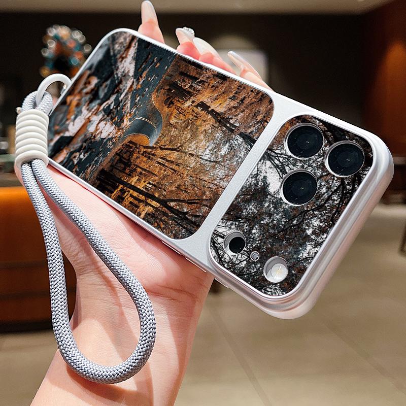 Mountain Road Print Leather Lanyard Case For iPhone 18 Pro Max 17 16 15 14 13 Pro Max Luxury Hybrid TPU+PU Anti-skid Soft Phone Cover