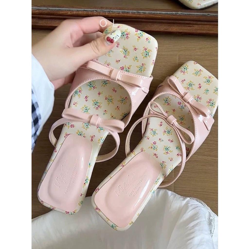 Fashion Women's Wedge Sandals 2025 New Summer Wear Square Head Bow Line with Slippers with Skirt Beautiful French High Heels