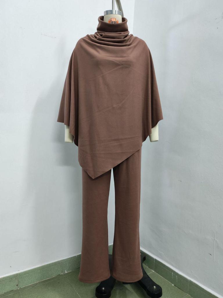 European & American Women's Fall/Winter Fleece Stand-up Collar Cape and Wide-leg Pants Set