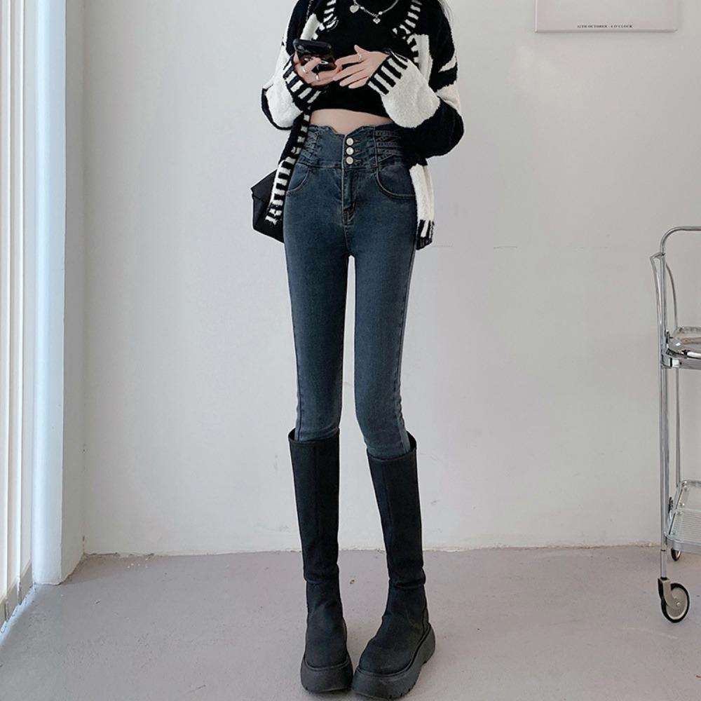 Korean High-waisted Breasted Small-footed Jeans Women's Spring and Summer New Fashion and Thin Versatile Slim-fitting Trousers Tide