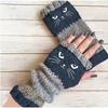 Gants en tricot sans doigts avec broderie de chat et patchwork, Gants décontractés ouverts aux doigts tendance pour femme, Mitaines chaudes d'hiver sans doigts
