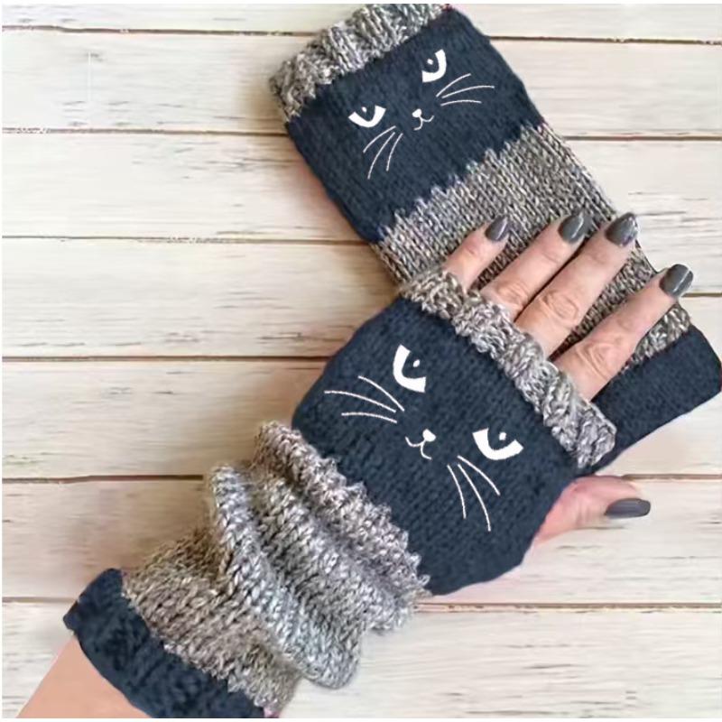 Gants en tricot sans doigts avec broderie de chat et patchwork, Gants décontractés ouverts aux doigts tendance pour femme, Mitaines chaudes d'hiver sans doigts
