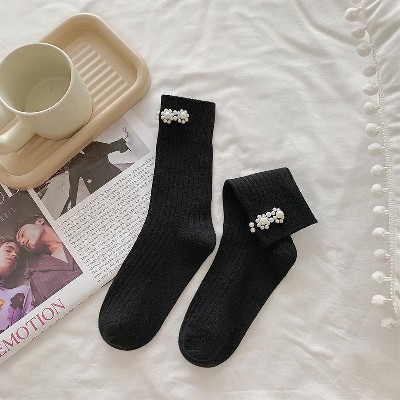 Women's Knee-High Sweet Preppy Socks with Pearl Decor - Spring/Autumn JK Style