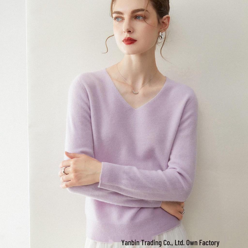 Women's Pure Cashmere V-Neck Pullover Sweater - Knitted, Simple, Versatile Layer