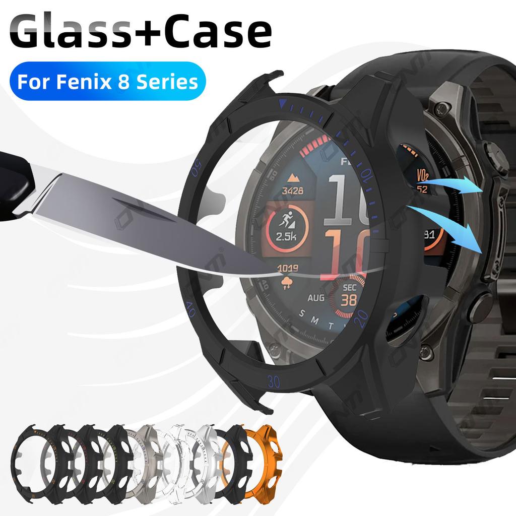 Glass+Case For Garmin Fenix 8 43/47/51MM AMOLED SOLAR Glass Screen Protector & Hard PC Protective Bumper for Fenix 8 Accessories