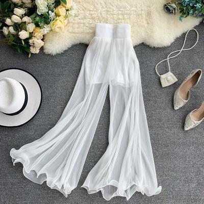 Pantalones de pierna ancha de verano para mujer, pantalones acampanados con cola de pez con volantes, pantalones plisados ​​de estilo occidental con cintura elástica