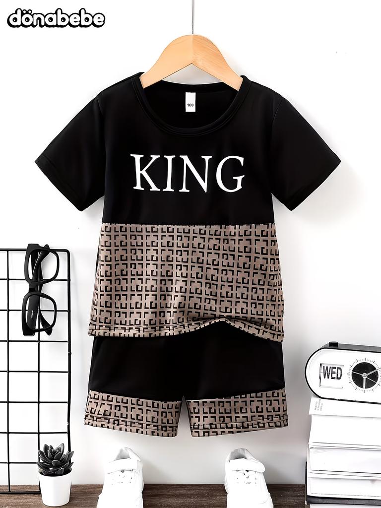 Chlapecký letní outfit: Tričko s krátkým rukávem + Šortky, Dětská souprava s potiskem koruny krále