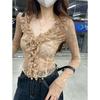 Chic French Ruffled Lace V-Neck Long-Sleeve Top - Slim Fit 2025 Spring/Summer