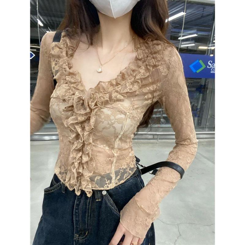 Chic French Ruffled Lace V-Neck Long-Sleeve Top - Slim Fit 2025 Spring/Summer