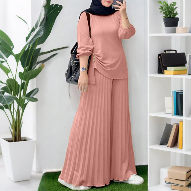 

ZANZEA Женская блузка с длинным рукавом и брюки с широкими штанинами Повседневные комплекты-двойки 5XL розовый