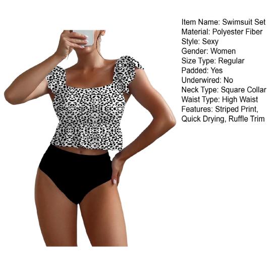 2-teiliges/Set Damen Badeanzug-Set eckiger Ausschnitt Rüschen Kappenärmel gestreifter Druck Oberteile hoch taillierte Badehose Bademode-Set