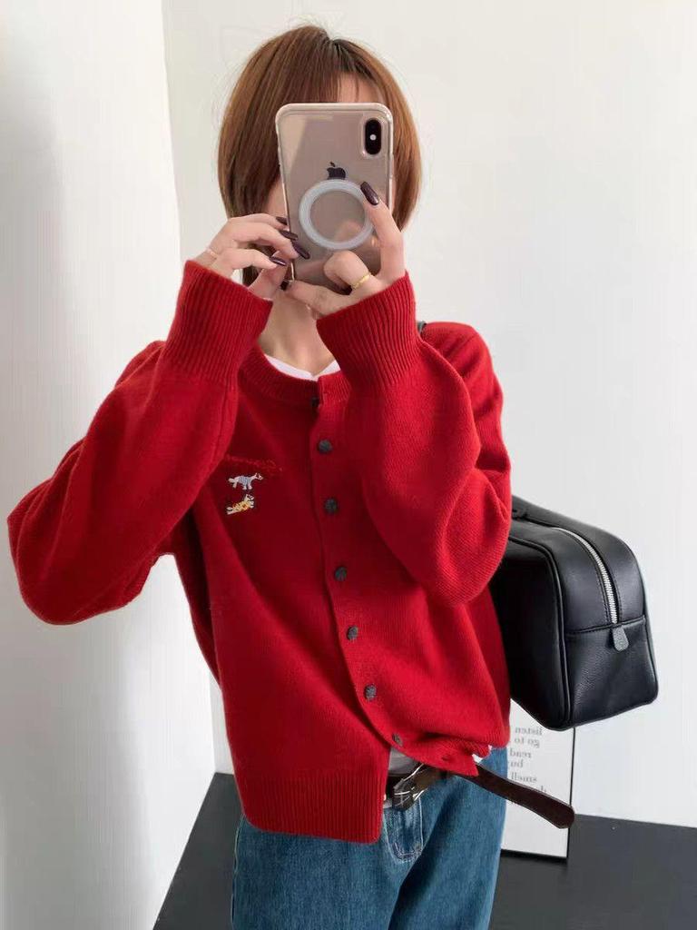 Plus Size Women's New Year Round Neck Knit Cardigan with Little Horse Embroidery – Autumn/Winter Long Sleeve Top
