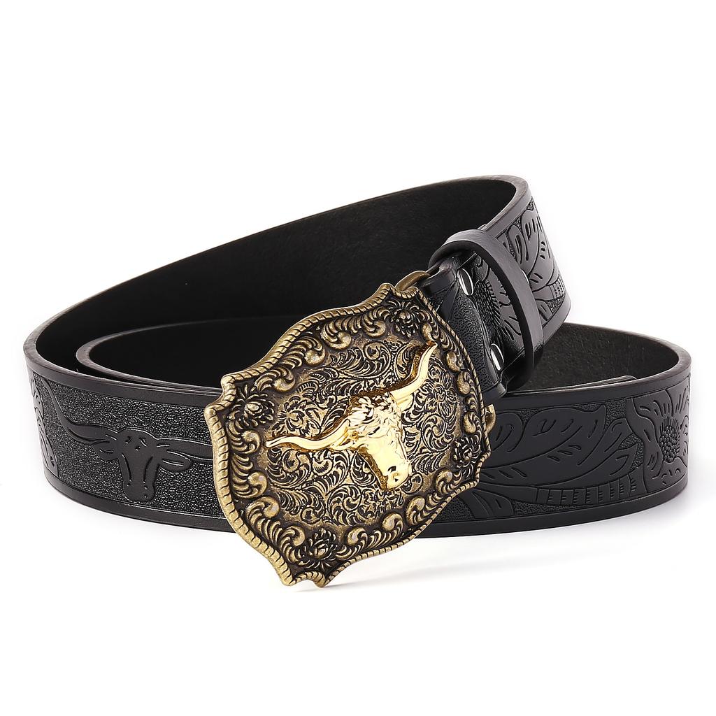 Pu Belt Men'S Belt High-End Sense Cow Head Belt Men'S Retro Embossed Belt Personalized Plate Buckle