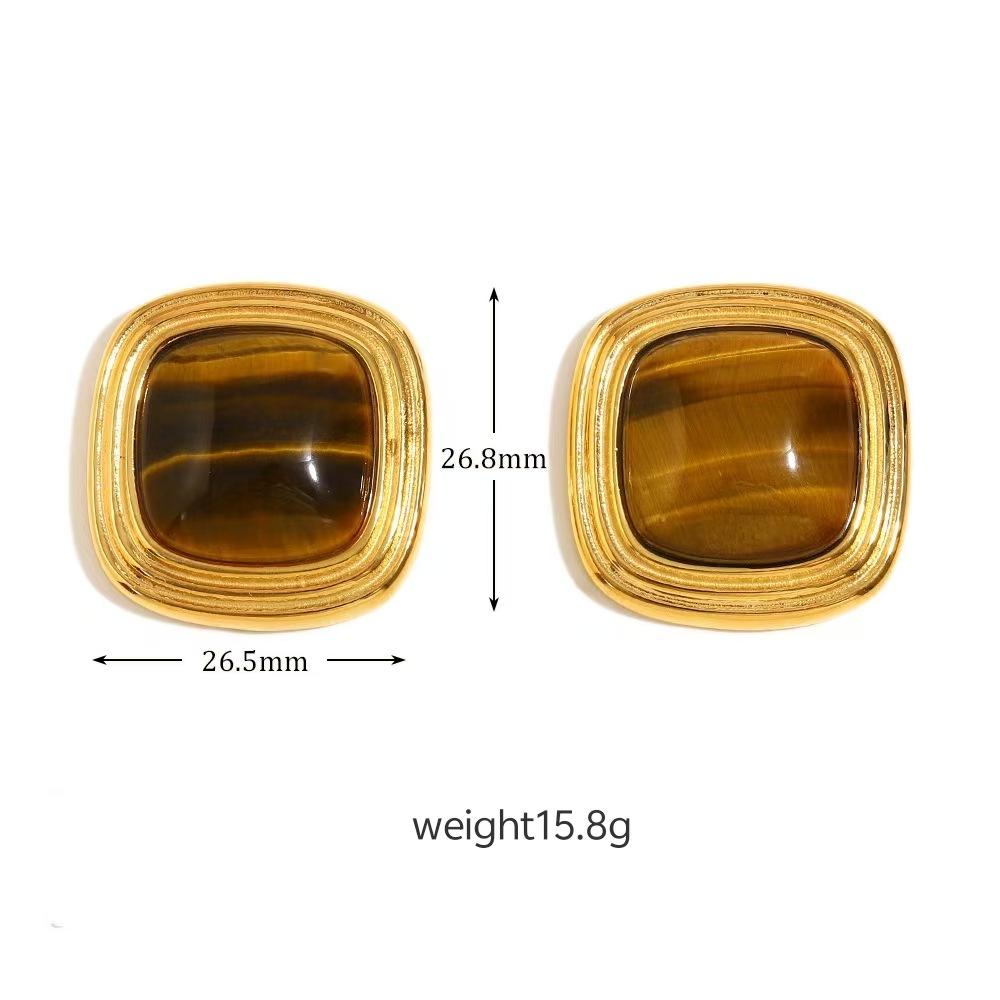 Titanium Steel Tiger's Eye Stone Stud Earrings Light Luxury High-end Autumn and Winter Earrings Do Not Fade 18k Gold Titanium Steel Jewelry 2026