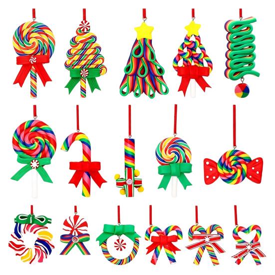 Christmas Gift Decorations 16 Pcs Lollipop Ornaments, Red Green Striped Peppermint Swirl Candy Cane Wooden Tree Pendants Hanging Decoration, Colorful