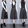 Autumn Winter Vintage Stripe Printing V-neck Tank Dress Black Bottoming Top Suit Female Casual Fashion Pullover T-shirt Robe Set