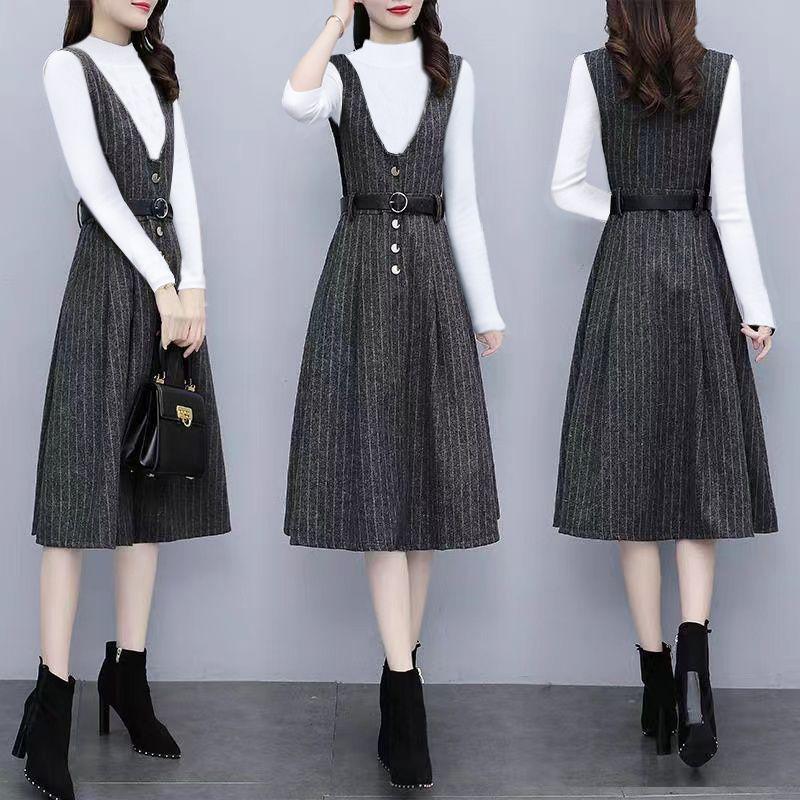 Autumn Winter Vintage Stripe Printing V-neck Tank Dress Black Bottoming Top Suit Female Casual Fashion Pullover T-shirt Robe Set
