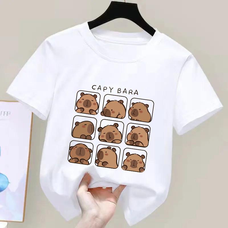 Capybara Kids Summer Cartoon Print T-Shirt 100% Cotton Short Sleeve Crewneck Casual Top for Girls Fashion Tees 100