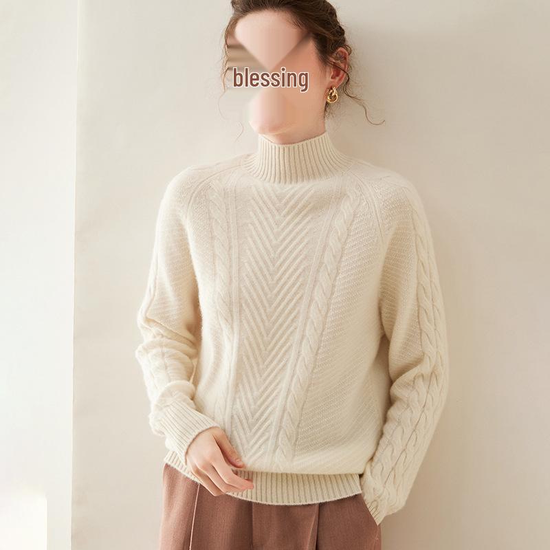 Women's Thickened Cashmere Sweater - Autumn/Winter, Half-High Neck, Twist Pattern Pullover, Casual Fashion.