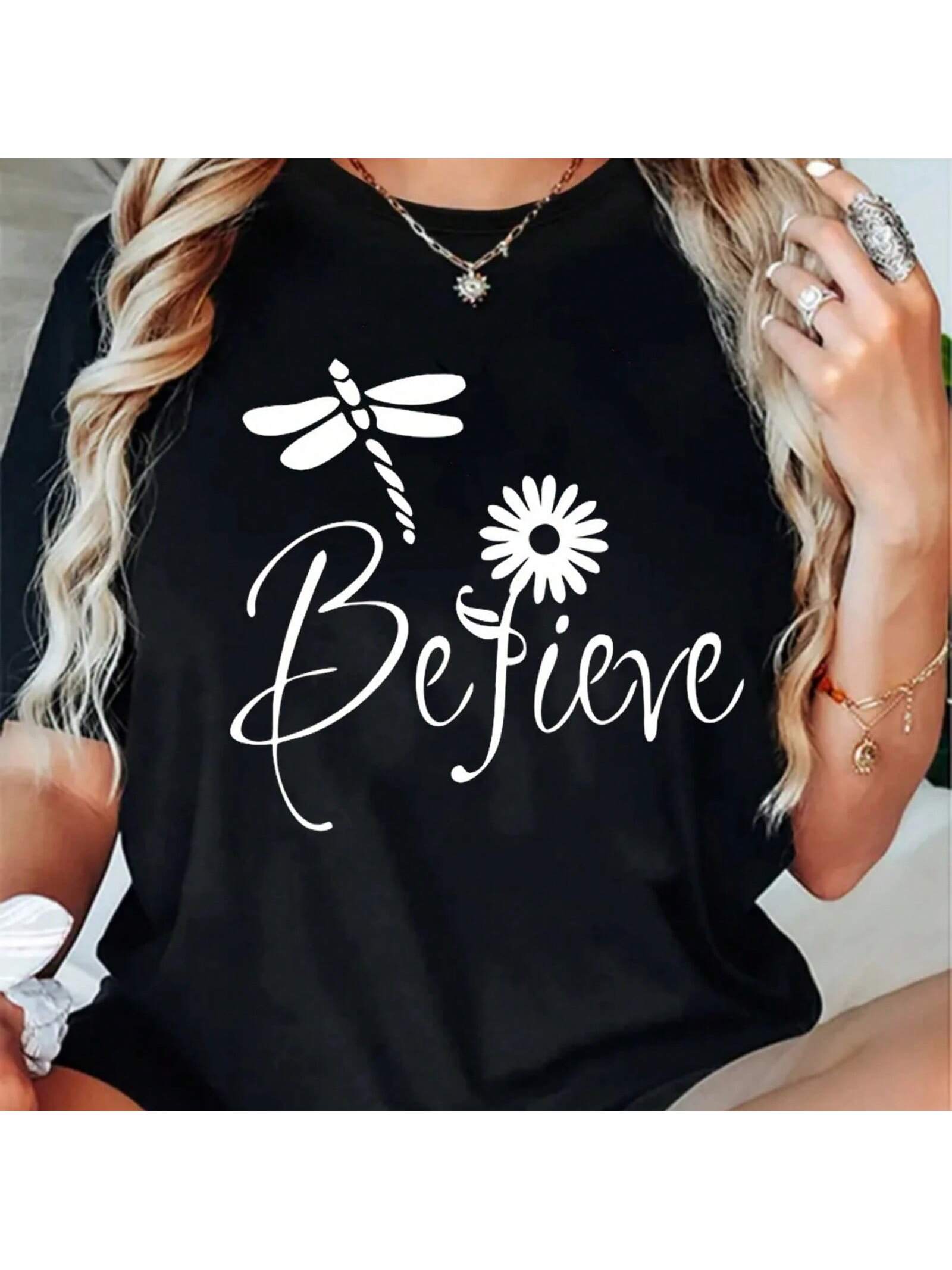 Said Creative Letter Printing Dragonfly Daisy Pattern Fresh And Sweet Style Simple Casual T-Shirt S разноцветный