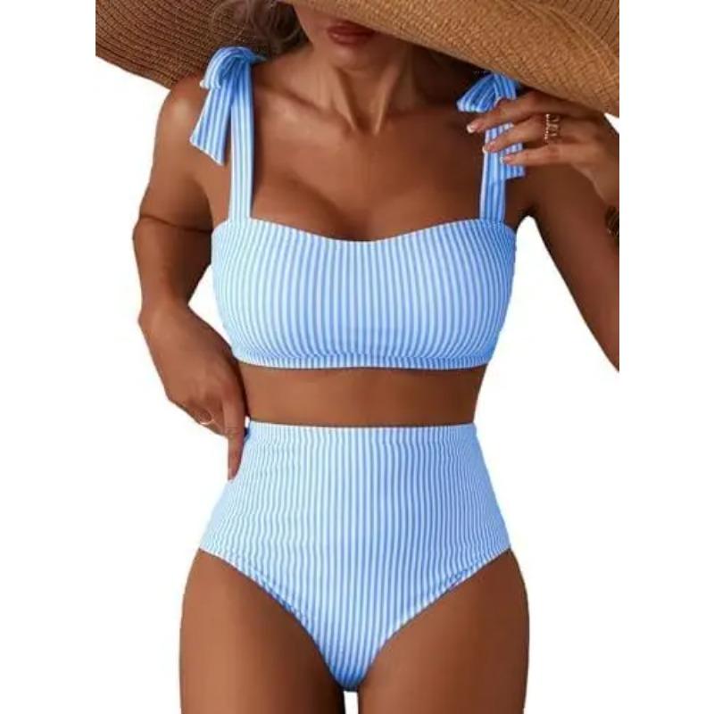 Women Two-piece Halter Vest Swimwear Sexy Striped Ruffle High Waisted Bikinis Set Female Bathing Suit Tie Strap Beachwear