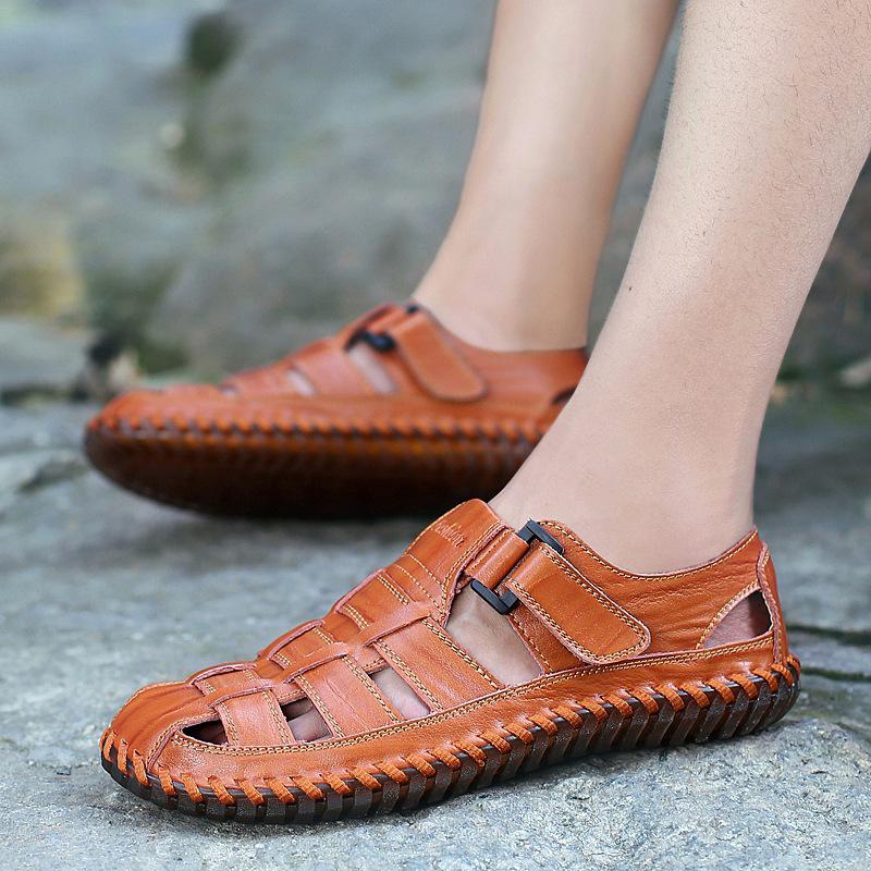 Men s Summer Breathable Leather Sandals - Closed-Toe, Casual Outdoor & Beach Woven Design 42