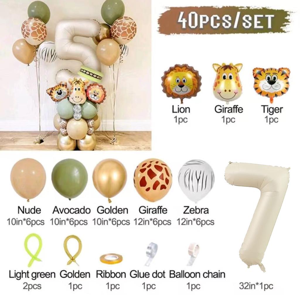 40pcs Jungle Retro Animal Balloon Set Lion Giraffe Balloon 1-9 Birthday Decoration Anniversary Jungle Theme Party Decoration