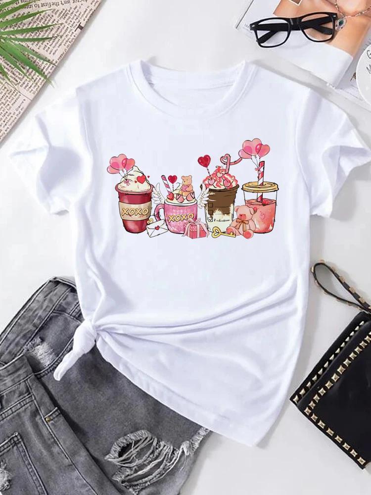Women's T-shirt Korean Fashion Graphic Cup Print Women's Clothing T-shirts for Valentine's for Lovers Aesthetic Clothes Casual