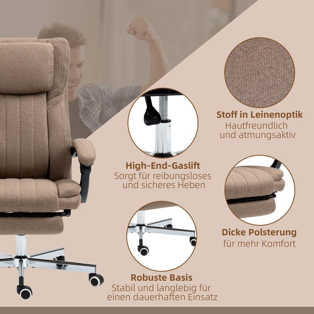 Office Chair with Massage Function, Reclining Backrest, Pull-Out Footrest, Linen Look, 65 X 61 X 118 Cm, Brown