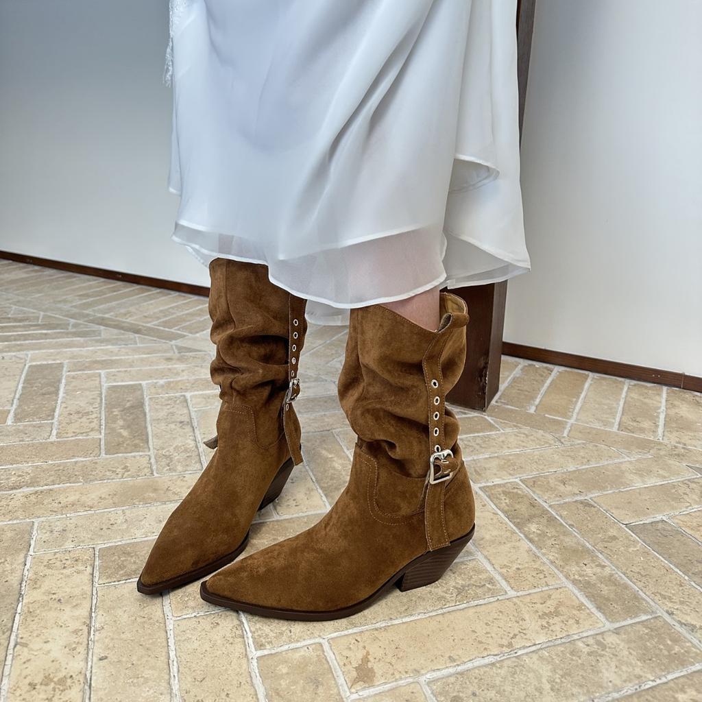 Retro style heightened and thin pleated stacking boots brown Maillard medium boots women's thick heel western cowboy boots short boots