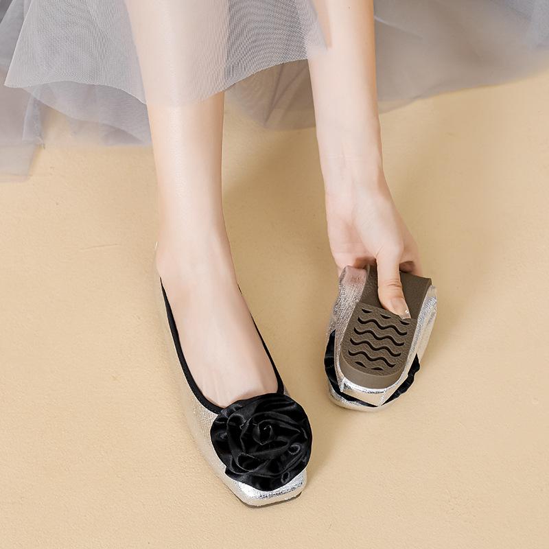 Fashion Rose Flower Ballet Flats Women Silver Sequines Cloth Foldable Shoes 35-43 Big Size Floral Loafers Elastic Band Slip On Loafers