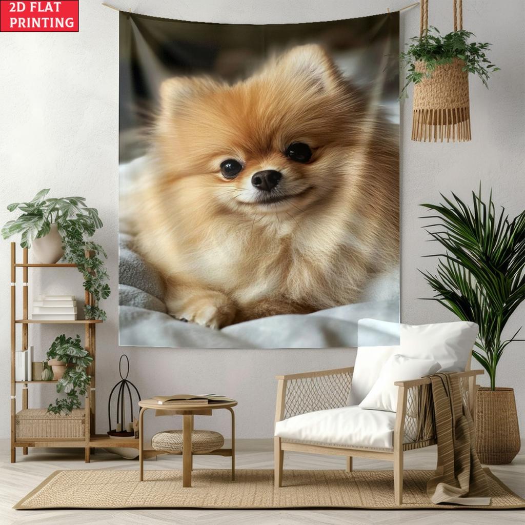 Cute Pomeranian Dog Pet Tapestry Wall Art Animal Lover Decor Fluffy Dog Portrait Bedroom Living Room Hanging Tapestry