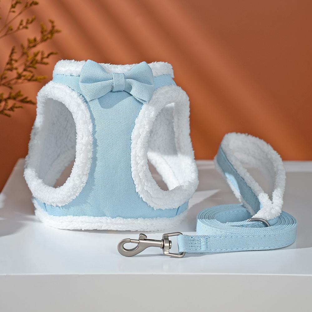 Cute Bowknot Dog Harness Leash Warm Winter Dog Harnesses Soft Fur Pet Vest With Walking Rope Adjustable for Small Medium Dogs