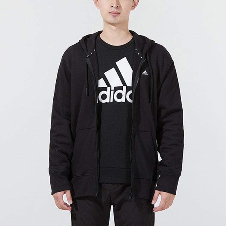 Adidas Solid Color Logo Casual Sports Woven Zip Hoodie Jacket Men Outerwear Black H45369