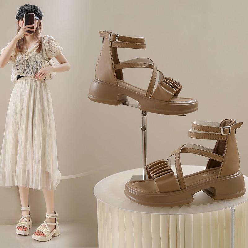 2025 Sandals All-Match Increasing Height Strappy Heels Breathable Suit Female Beige Shallow Mouth New Comf
