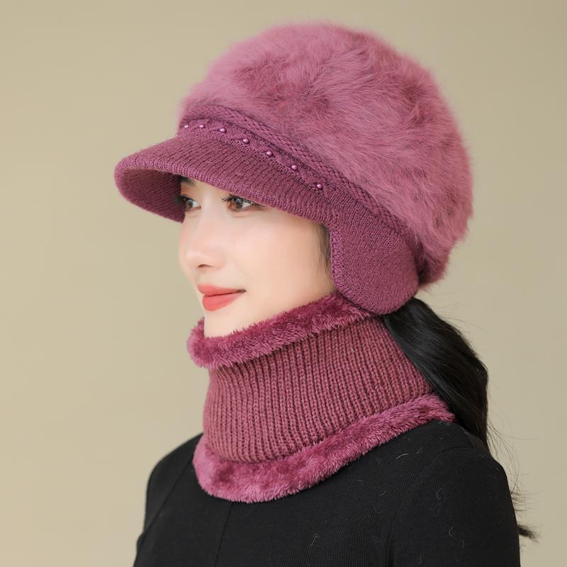 Nová dámská zimní čepice zateplená čepice a šála pletený oblek módní králičí kožešinová čepice pro ženy ležérní květinová pletená čepice