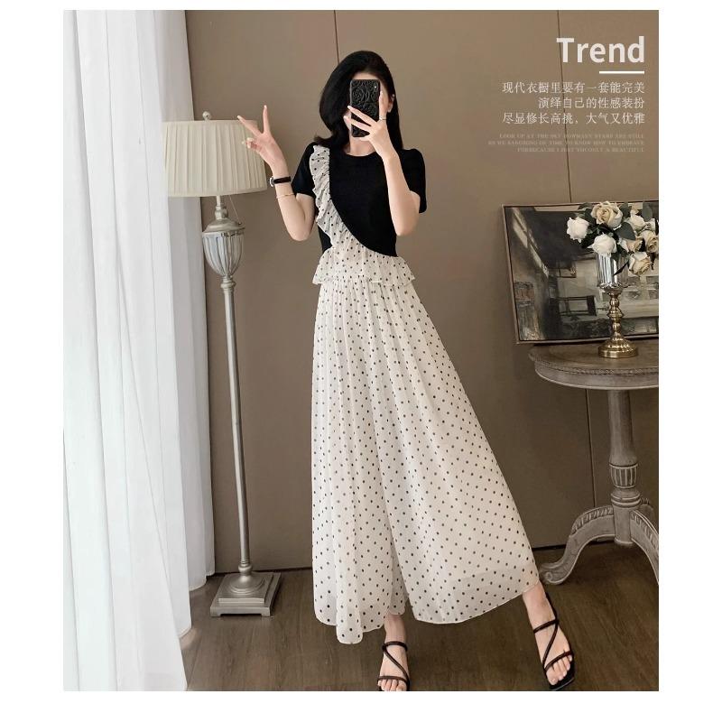 

Women s Color Block Polka Dot Maxi Dress Ruffle Trim Short Sleeve A Line Long Dress Elegant Casual Summer S чёрный